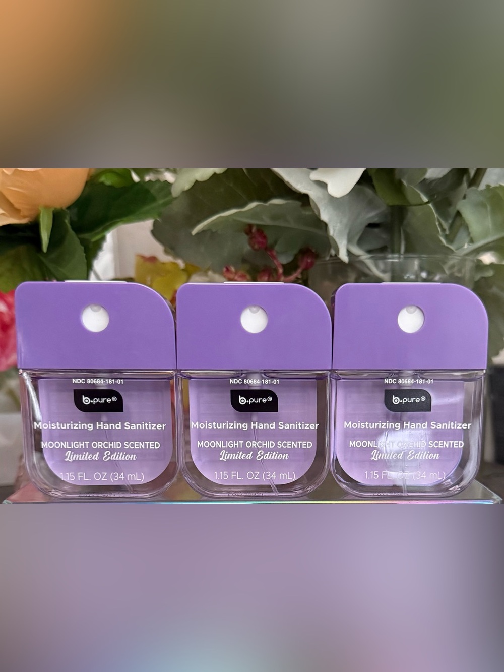 🆕🪻 b•pure LIMITED EDITION 3-PIECE “MOONLIGHT ORCHID” HAND SANITIZER SET. NEW.